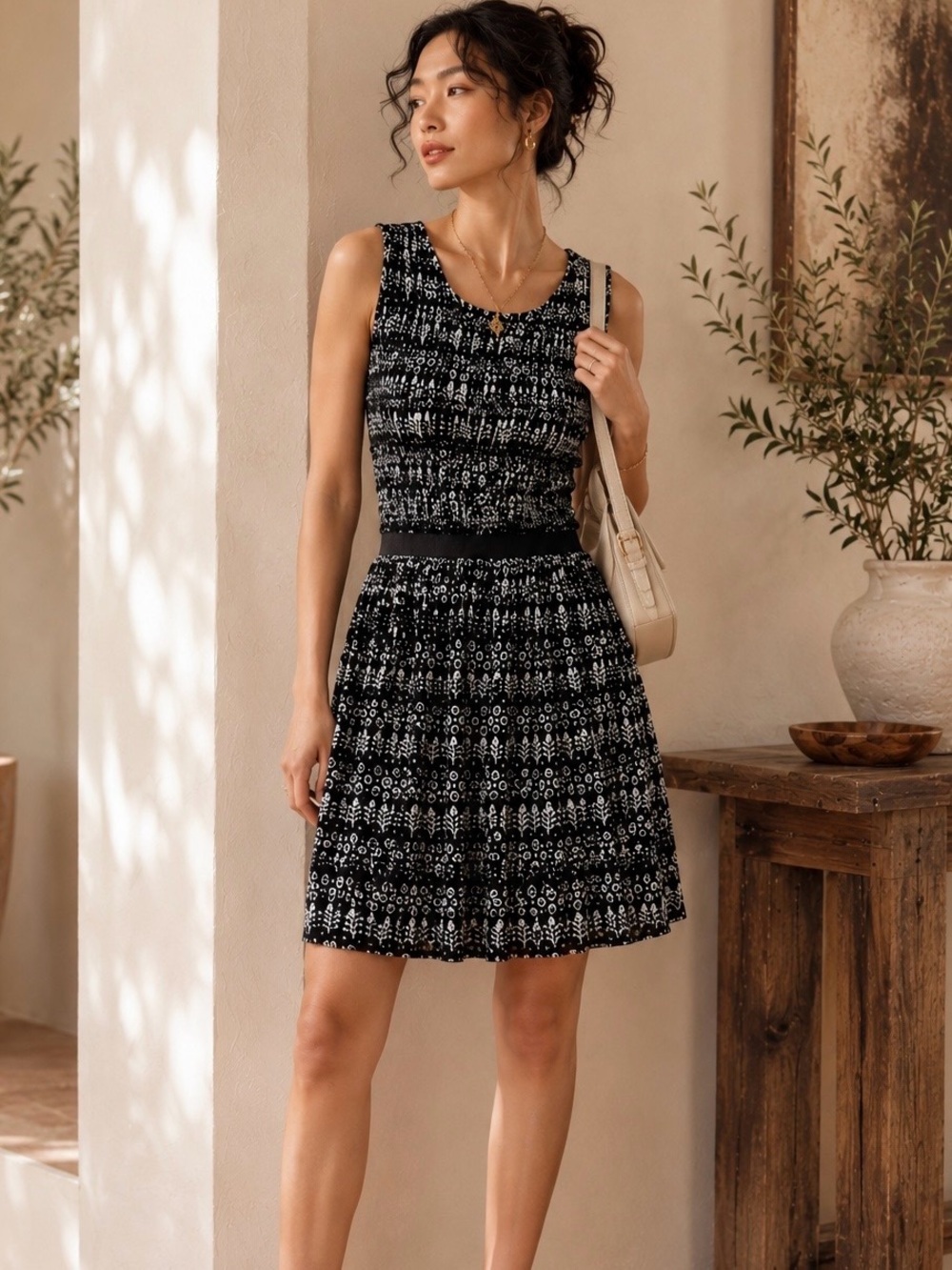 Anthropologie Postmark ‘Swiss Dots’ Floral Print Dress in Black & White Size S